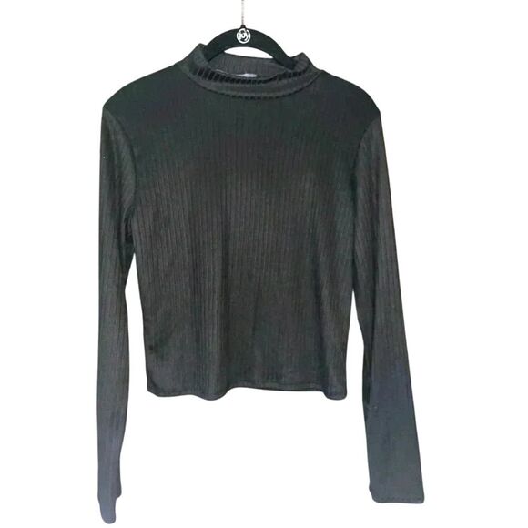 Black Ribbed‎ Mock Neck Long Sleeve Crop Top Minimalist Basic Casual C23 - Picture 1 of 5